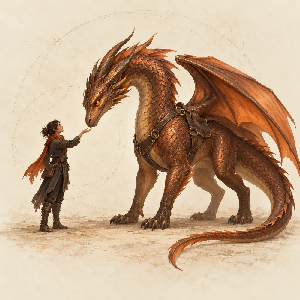 A rider and a copper dragon build trust, face to face.